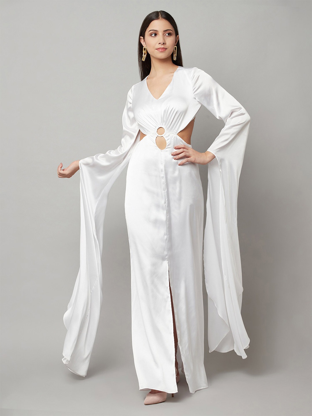 

ATTIC SALT Flared Sleeves Cut-Out Detail Satin Maxi Dress, White