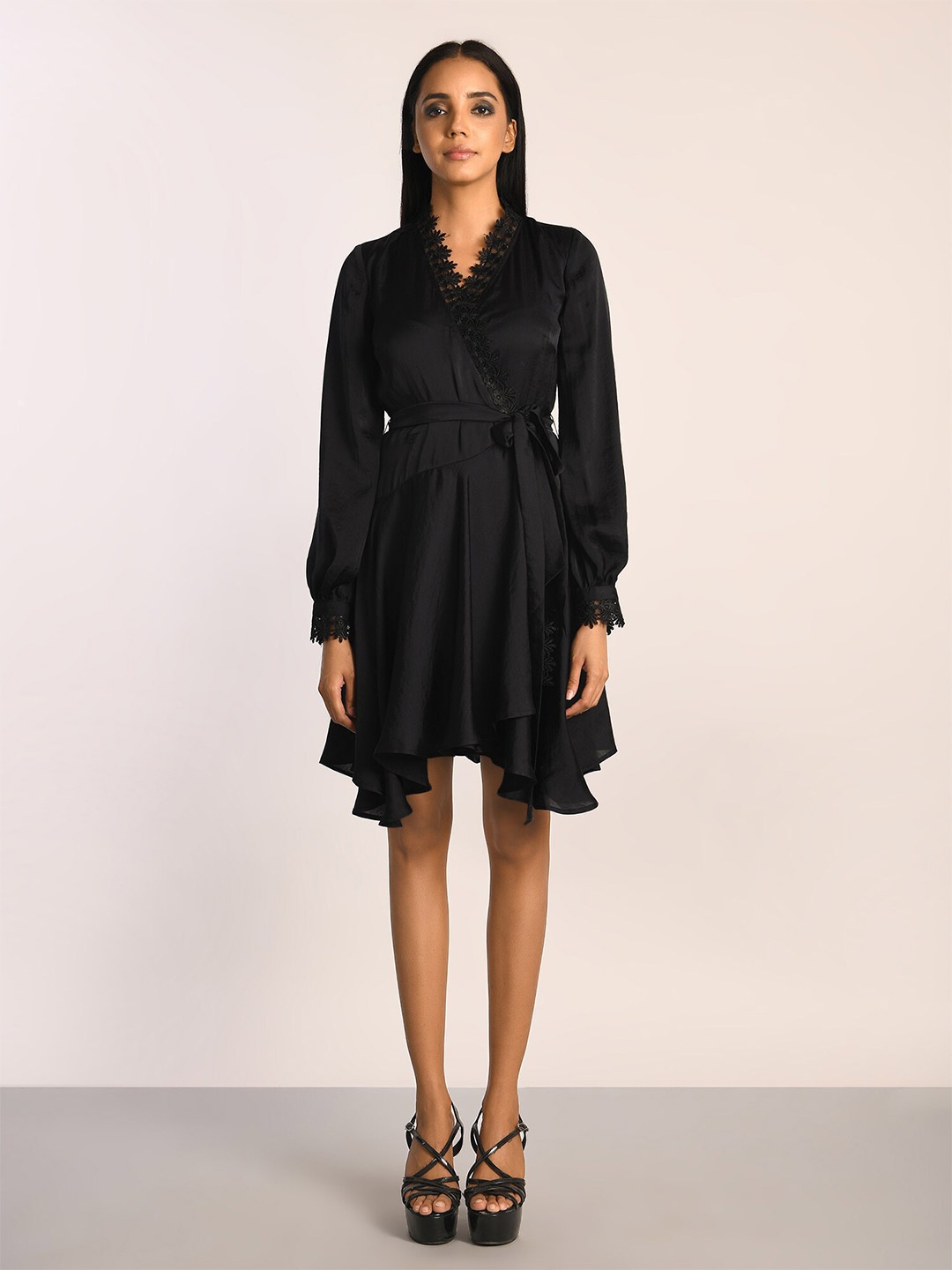 

ATTIC SALT V-Neck Lace Insert Wrap Dress, Black