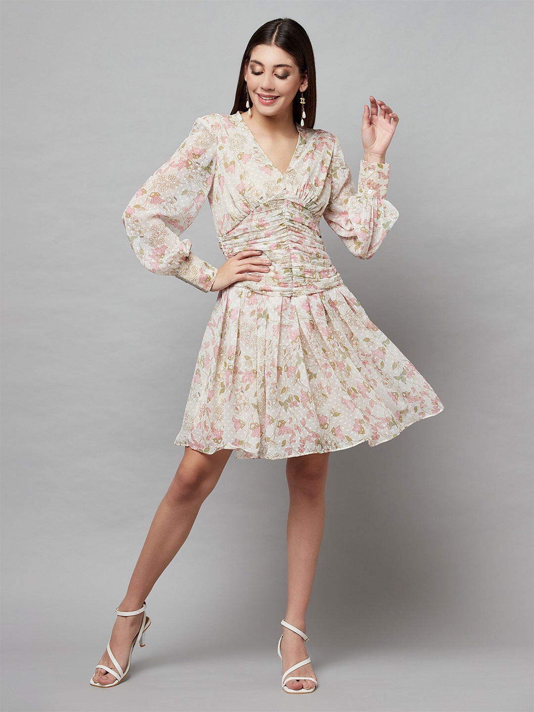 

ATTIC SALT Floral Printed Ruched Empire Dress, Off white