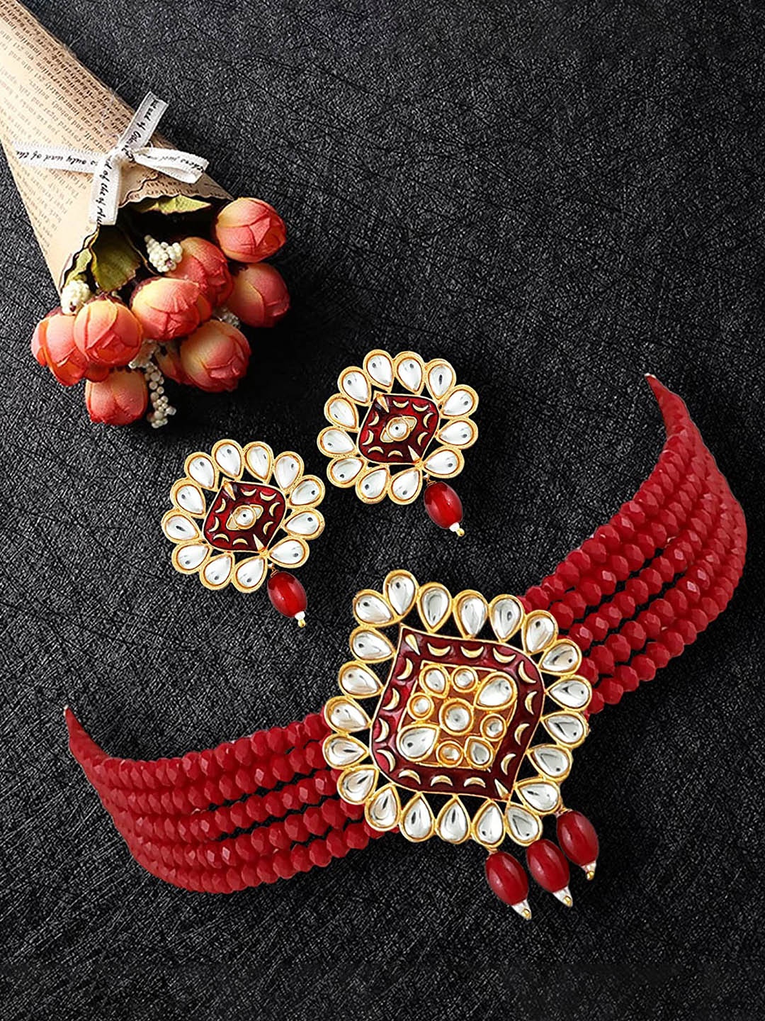 

MANSIYAORANGE Gold-Plated Kundan-Studded & Beaded Meenakari Necklace & Earrings