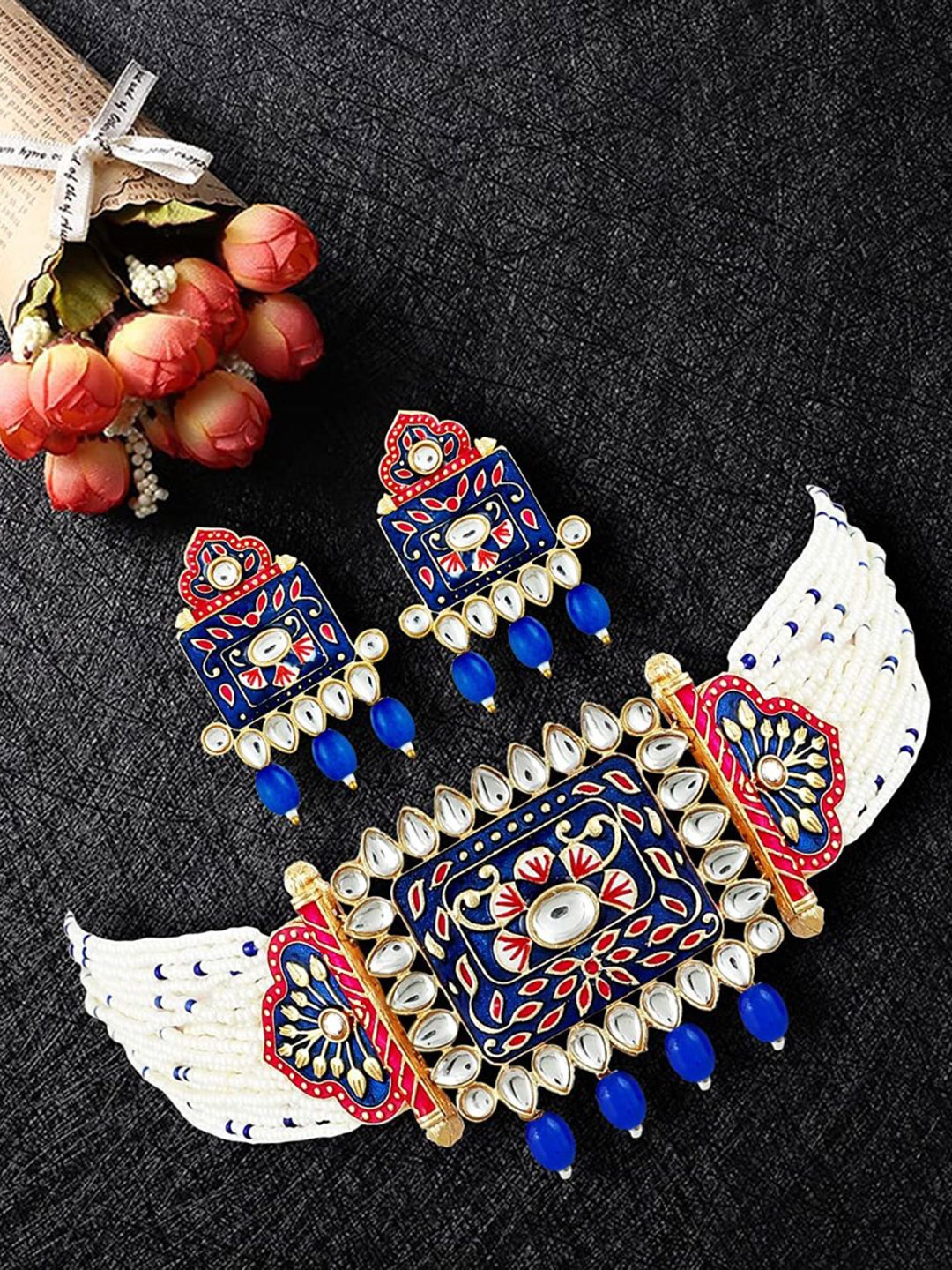 

MANSIYAORANGE Gold-Plated Kundan-Studded & Beaded Meenakari Necklace & Earrings