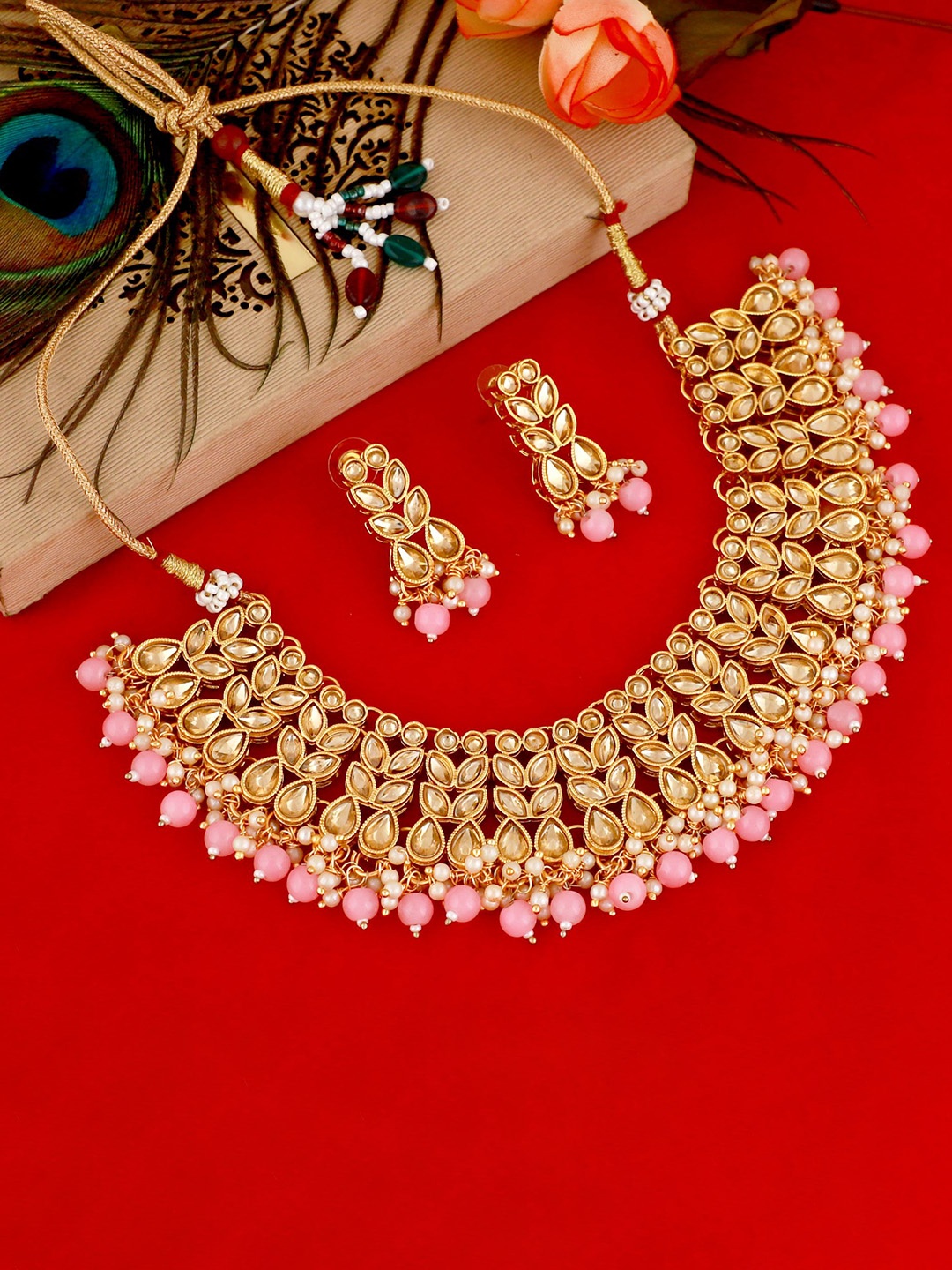 

MANSIYAORANGE Gold-Plated Kundan-Studded & Beaded Necklace & Earrings