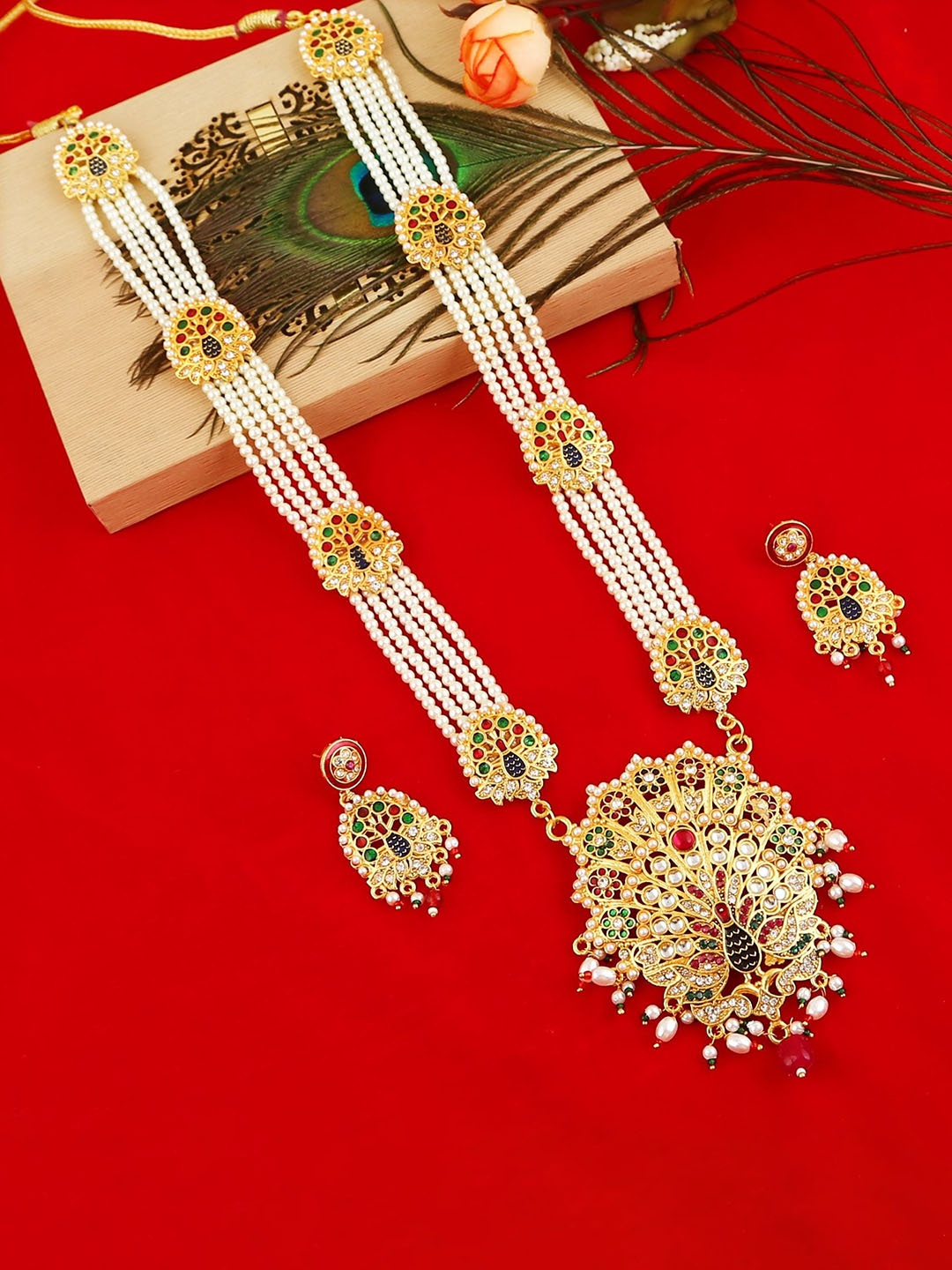 

MANSIYAORANGE Gold-Plated Kundan-Studded & Pearl-Beaded Necklace & Earrings
