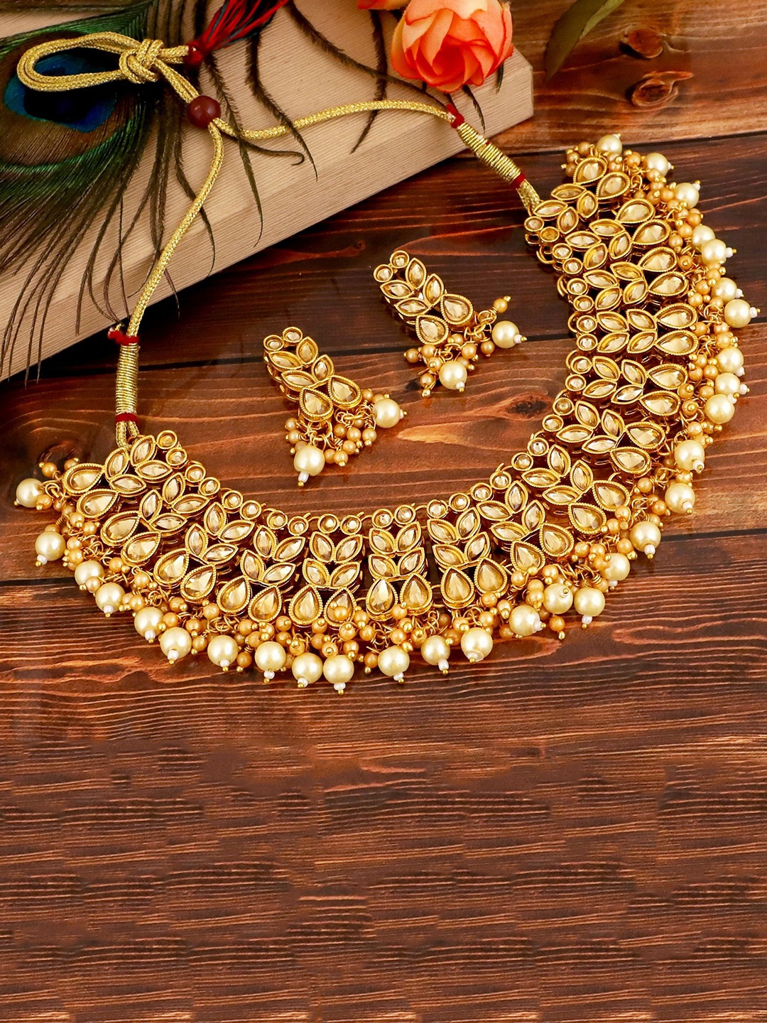 

MANSIYAORANGE Gold-Plated Stone-Studded & Pearl-Beaded Necklace & Earrings