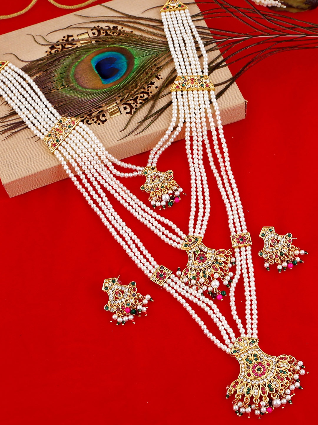 

MANSIYAORANGE Gold-Plated AD Kundan Studded & Beaded Necklace & Earrings