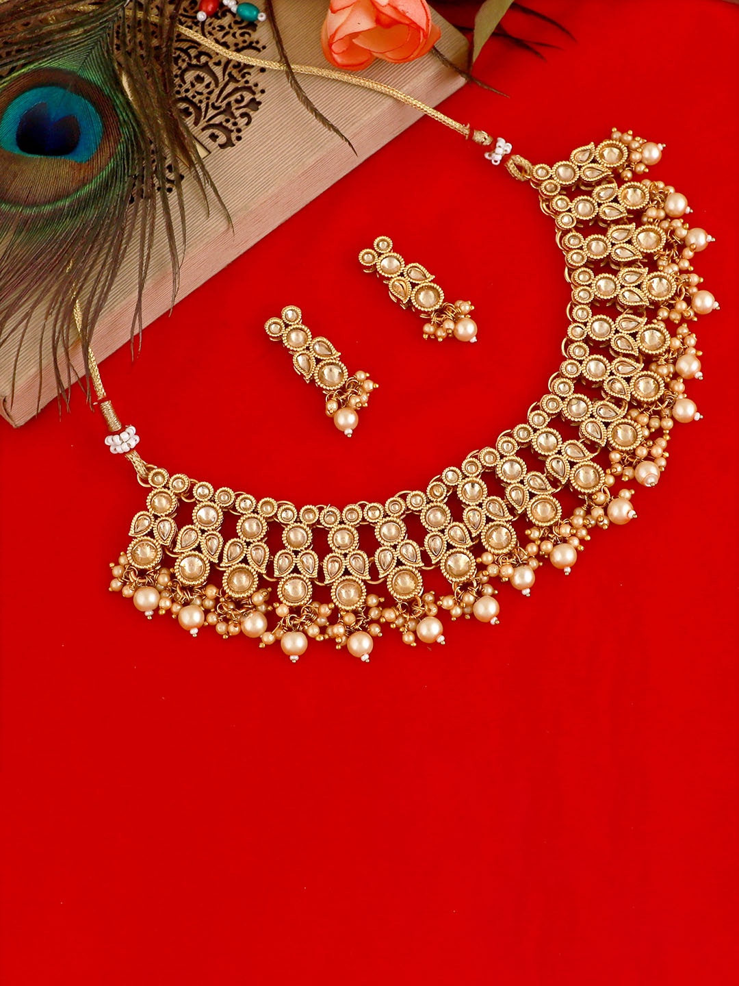 

MANSIYAORANGE Gold-Plated Stone Studded & Beaded Necklace & Earrings