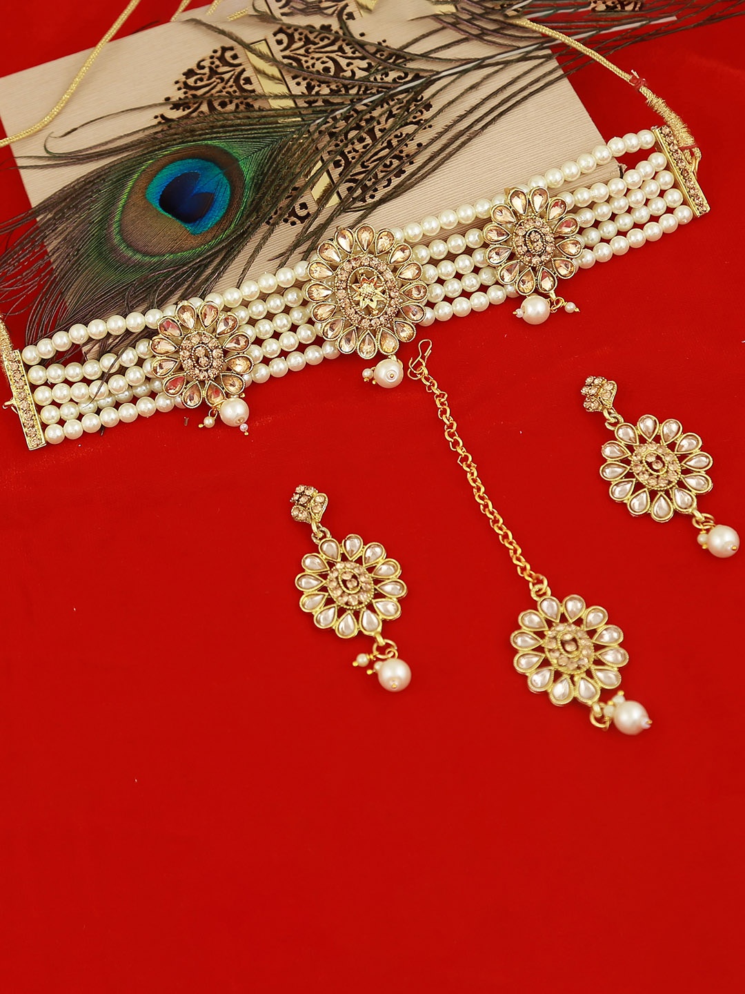 

MANSIYAORANGE Gold-Plated Stone-Studded & Beaded Necklace & Earrings