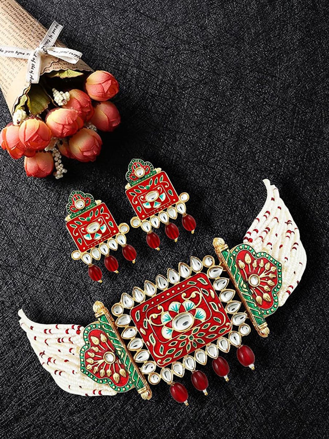 

MANSIYAORANGE Gold-Plated Kundan & AD-Studded & Pearl-Beaded Necklace & Earrings, Red