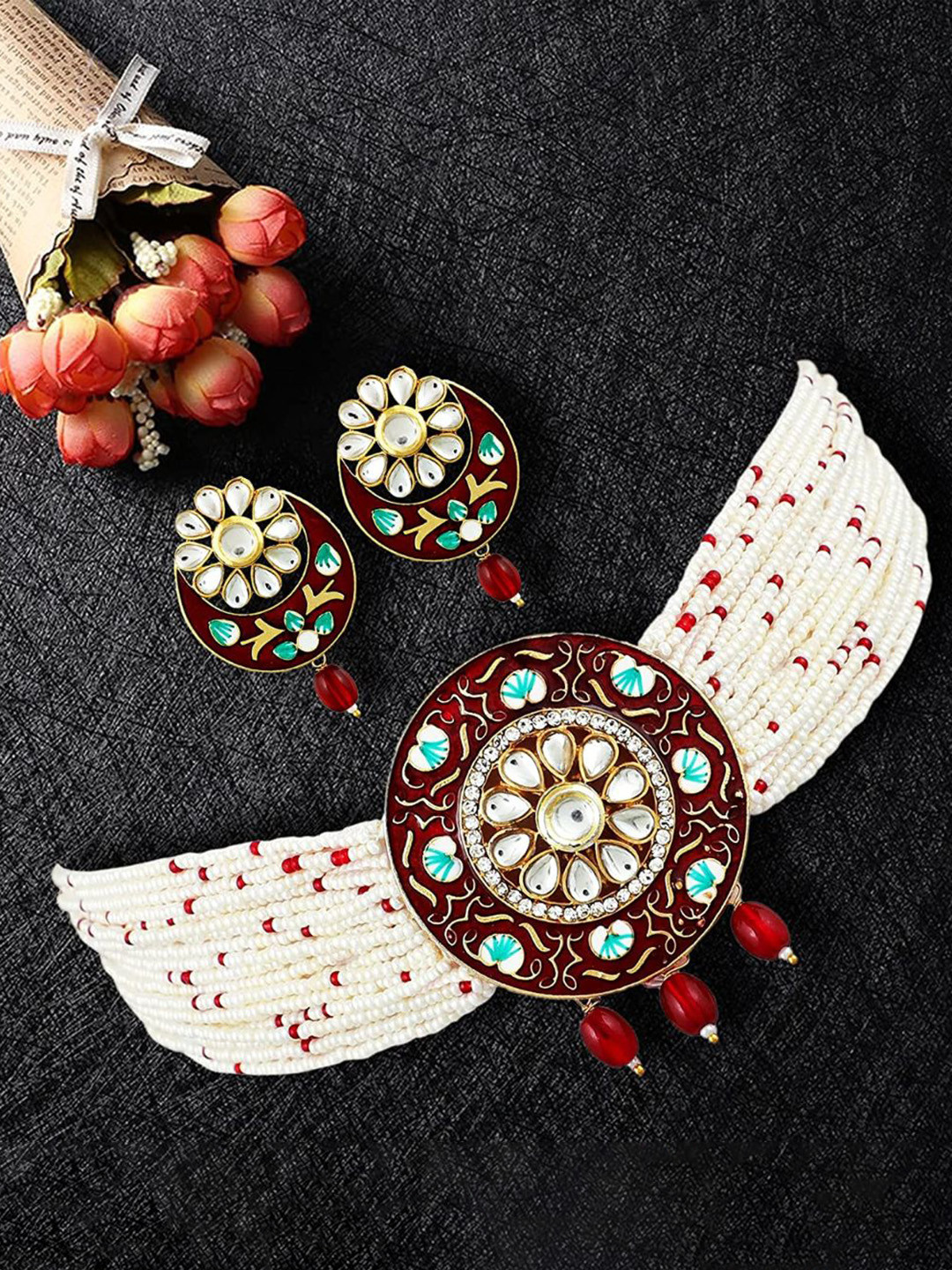 

MANSIYAORANGE Gold-Plated AD Kundan-Studded & Pearl-Beaded Necklace & Earrings
