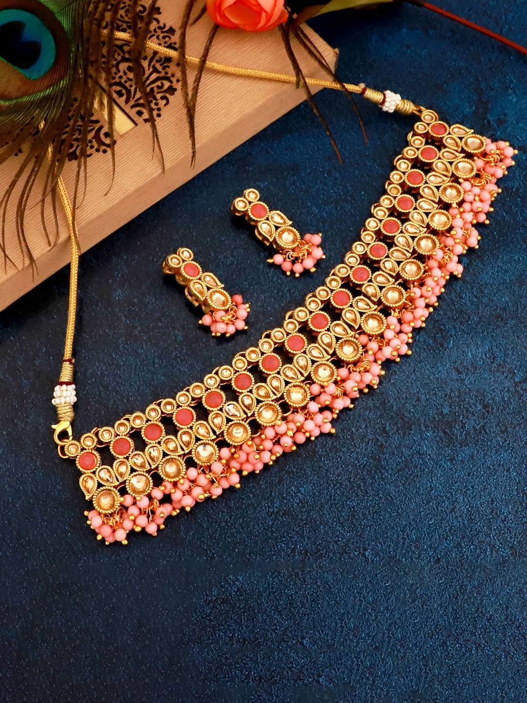 

MANSIYAORANGE Gold-Plated AD Kundan-Studded & Pearl-Beaded Necklace & Earrings
