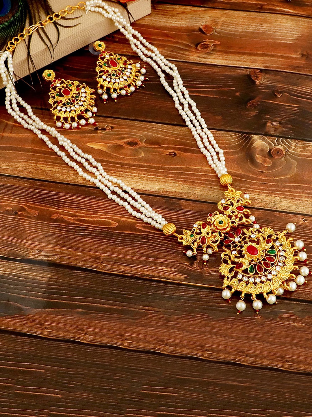 MANSIYAORANGE Gold-Plated Stone-Studded& Beaded Necklace & Earrings