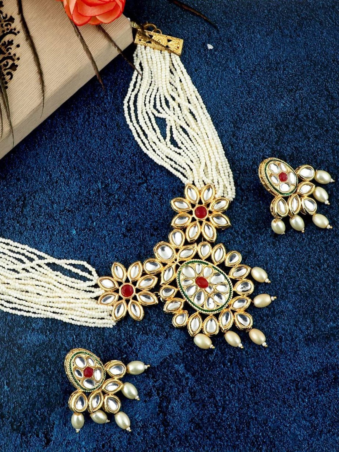 

MANSIYAORANGE Gold-Plated Kundan & AD-Studded & Pearl-Beaded Necklace & Earrings