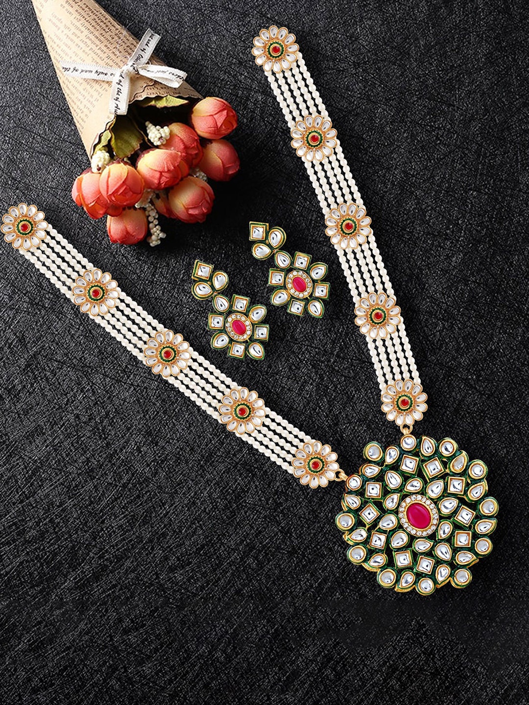 

MANSIYAORANGE Gold-Plated Stone-Studded & Beaded Necklace & Earrings