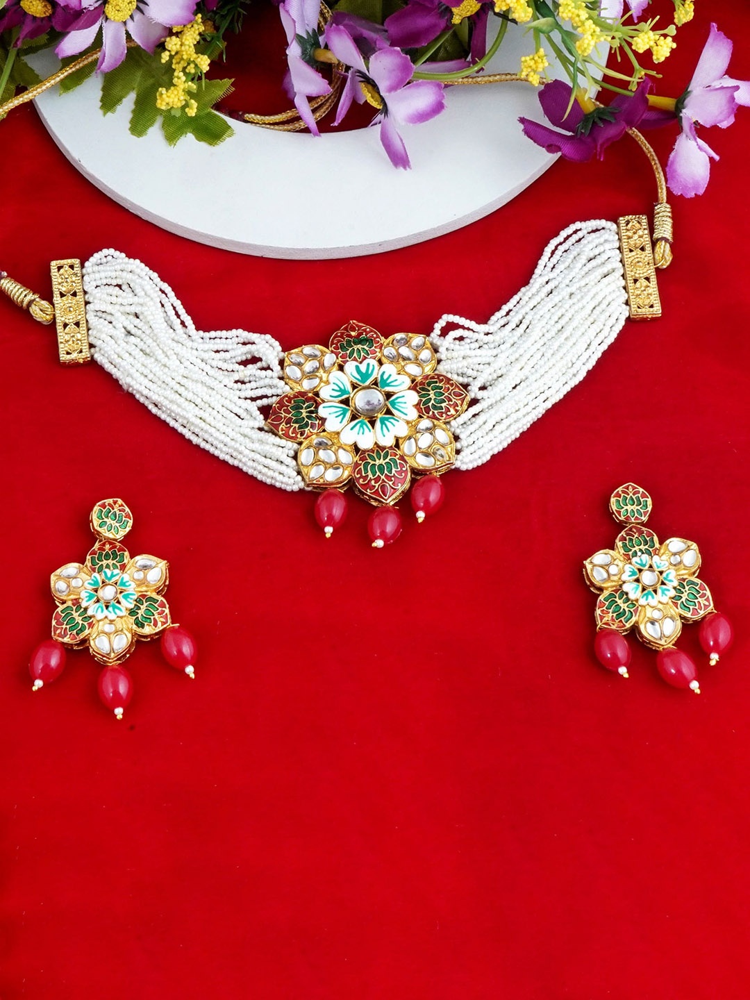 

MANSIYAORANGE Gold-Plated Stone-Studded & Beaded Necklace & Earrings