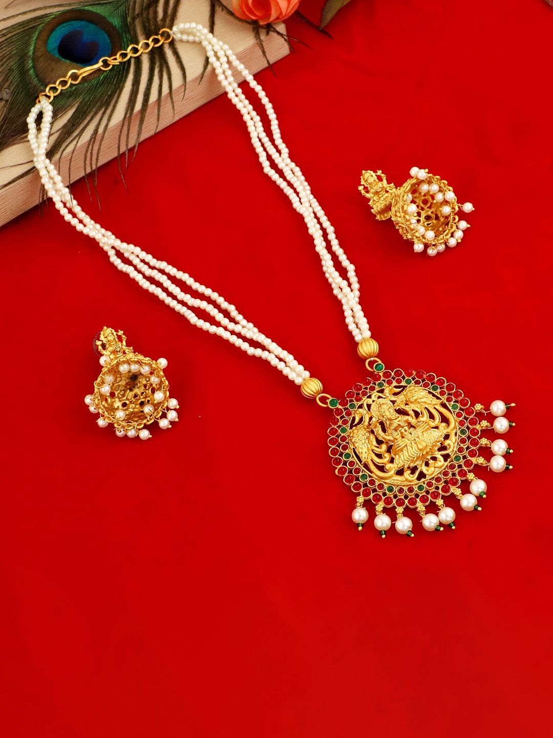 

MANSIYAORANGE Gold-Plated Stone-Studded & Beaded Necklace & Earrings