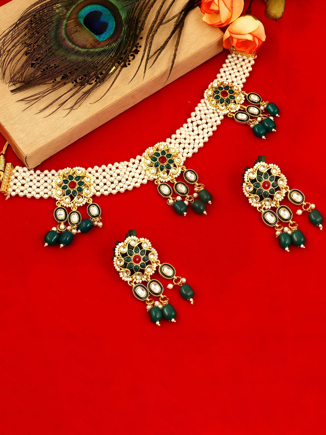 

MANSIYAORANGE Gold-Plated Stone-Studded & Beaded Necklace & Earrings