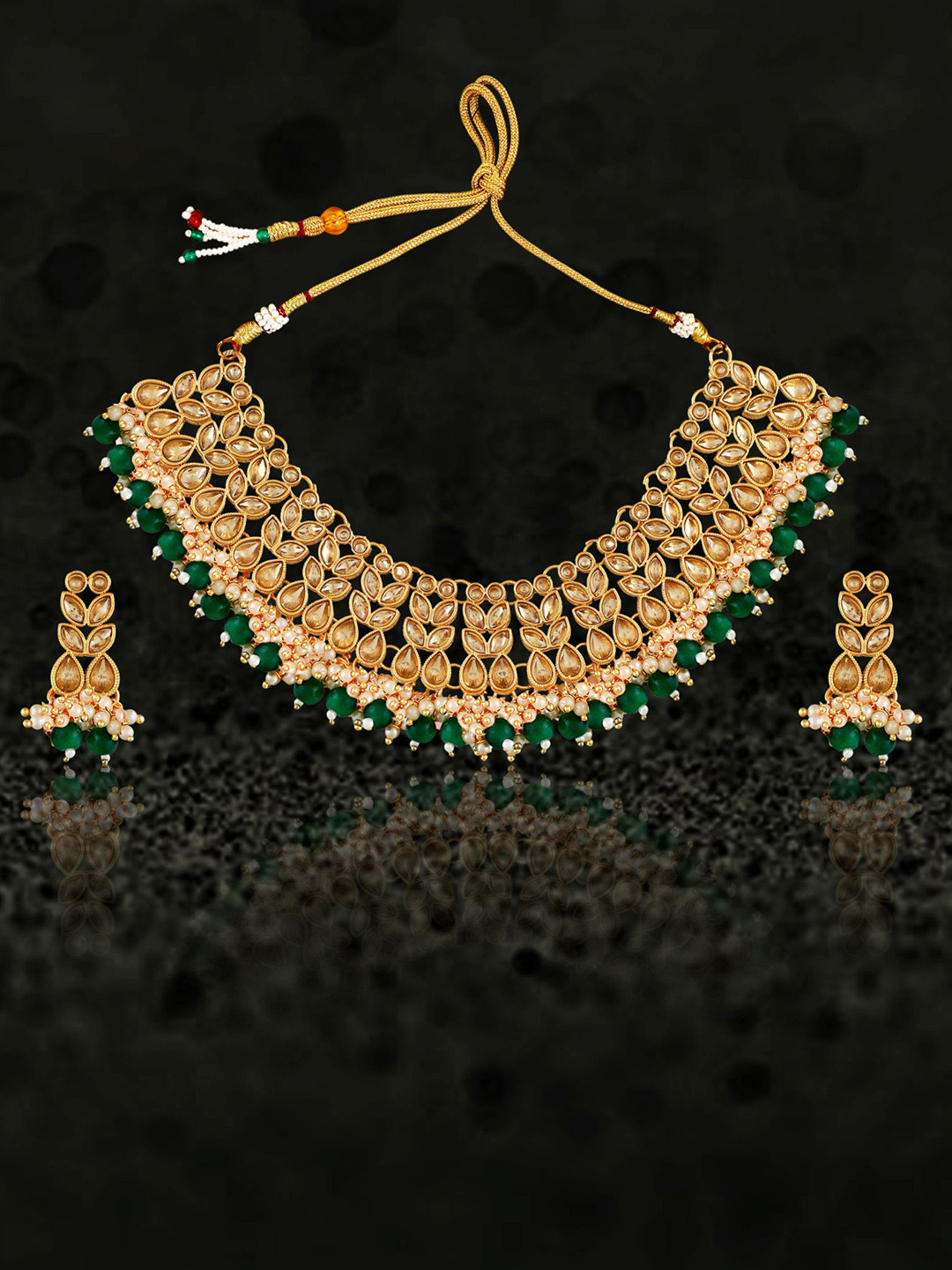 

MANSIYAORANGE Kundan-Studded & Beaded Necklace & Earrings, Gold