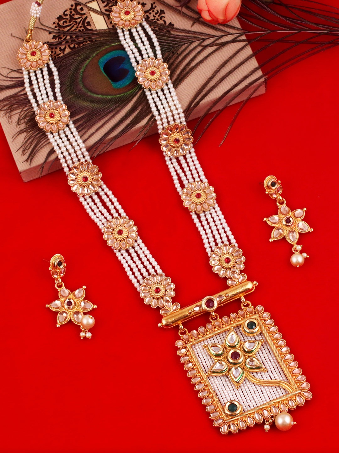 

MANSIYAORANGE Gold-Plated Long Rani Haar Stone-Studded & Beaded Necklace & Earrings