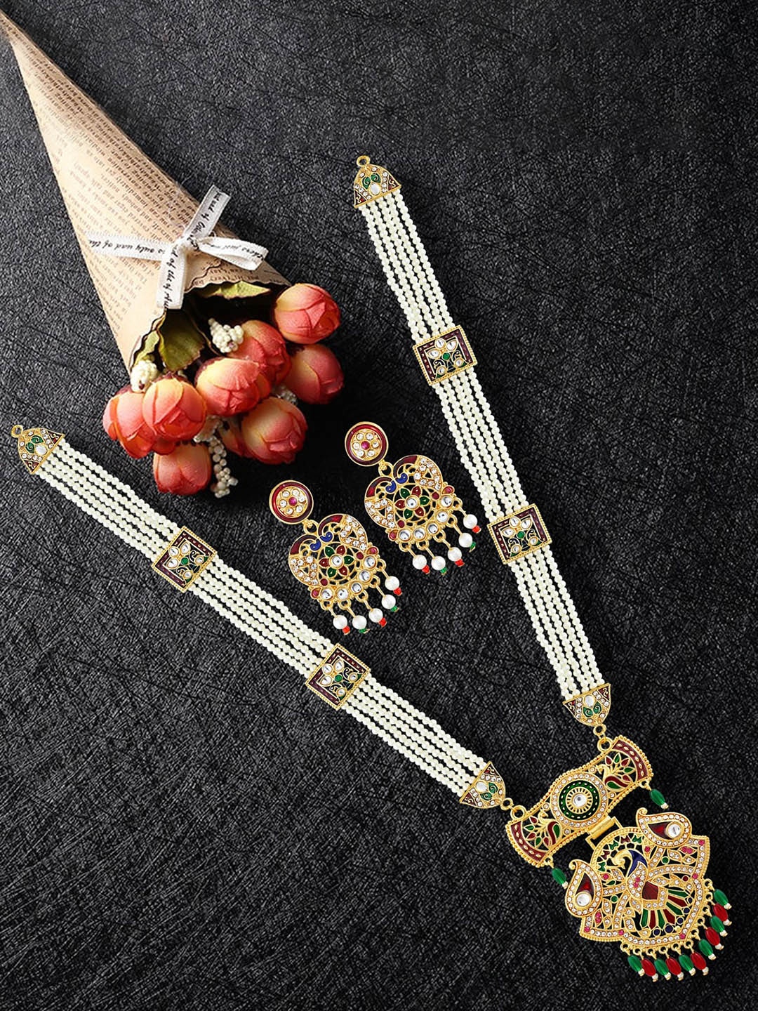 

MANSIYAORANGE Gold-Plated Kundan-Studded & Beaded Long Rani Haar Necklace & Earrings