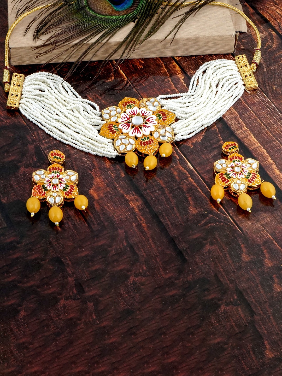 

MANSIYAORANGE Gold-Plated Kundan-Studded & Beaded Necklace & Earrings