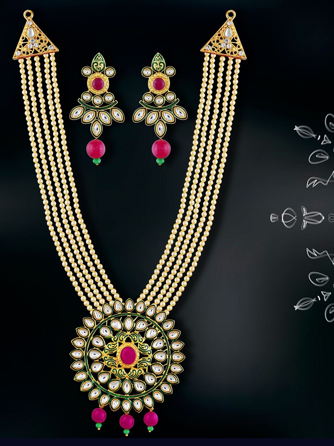 

MANSIYAORANGE Gold-Plated Long Kundan-Studded Necklace & Earrings