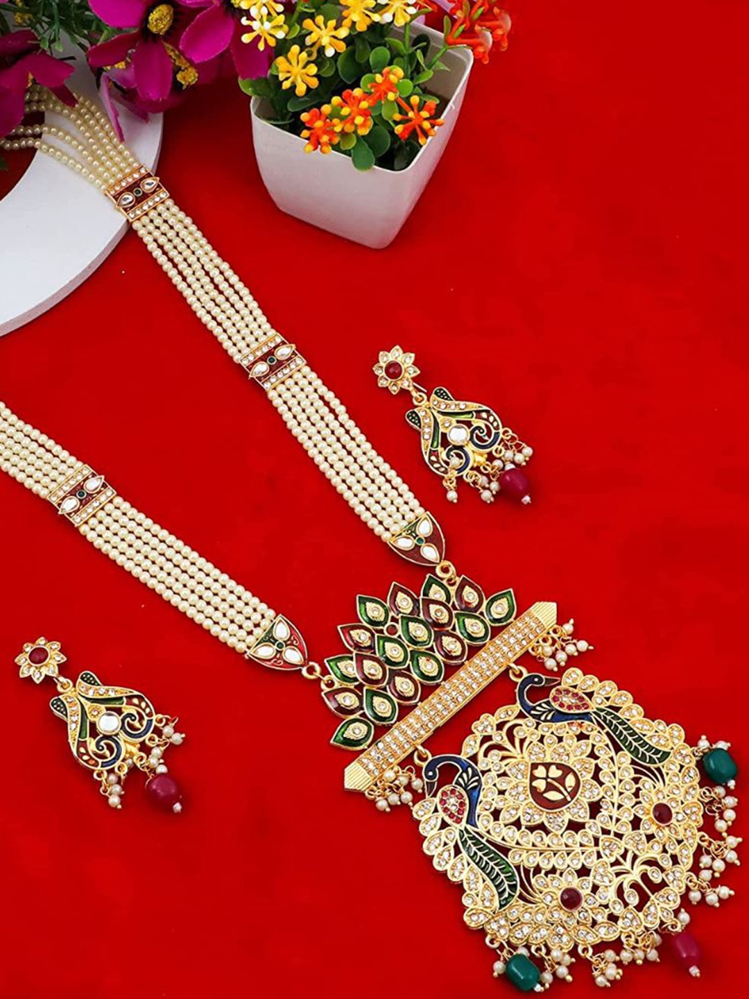 MANSIYAORANGE Gold-Plated Kundan-Studded Long Rani Haar Necklace & Earrings