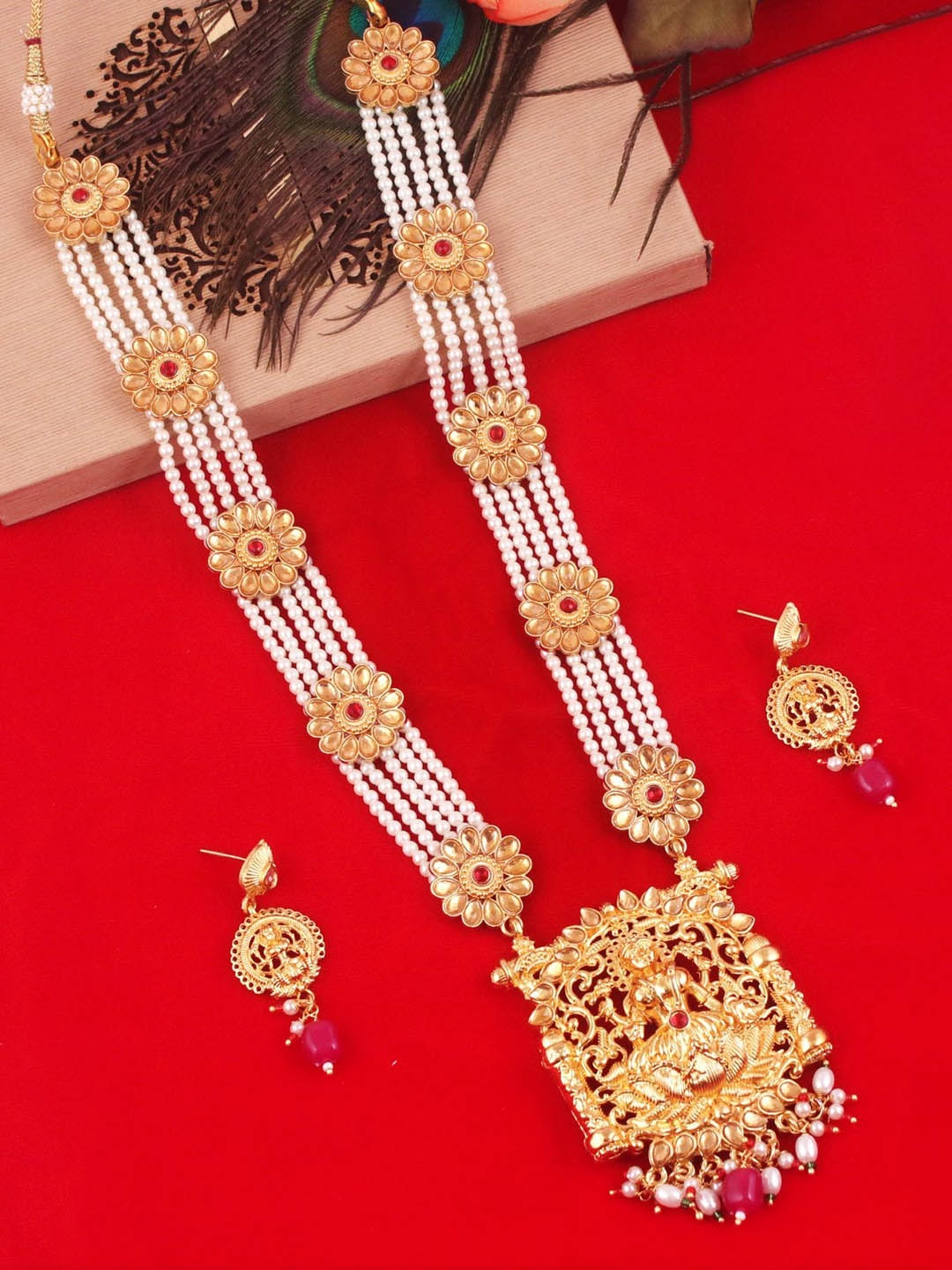 MANSIYAORANGE Gold-Plated Stone-Studded & Beaded Necklace & Earrings