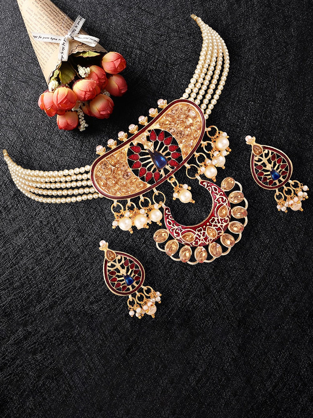 

MANSIYAORANGE Gold-Plated Kundan-Studded & Beaded Necklace & Earrings