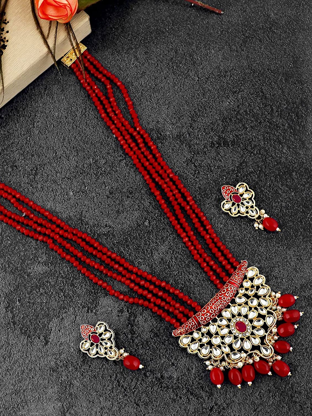 

MANSIYAORANGE Gold-Plated Kundan-Studded Long Rani Haar Necklace & Earrings