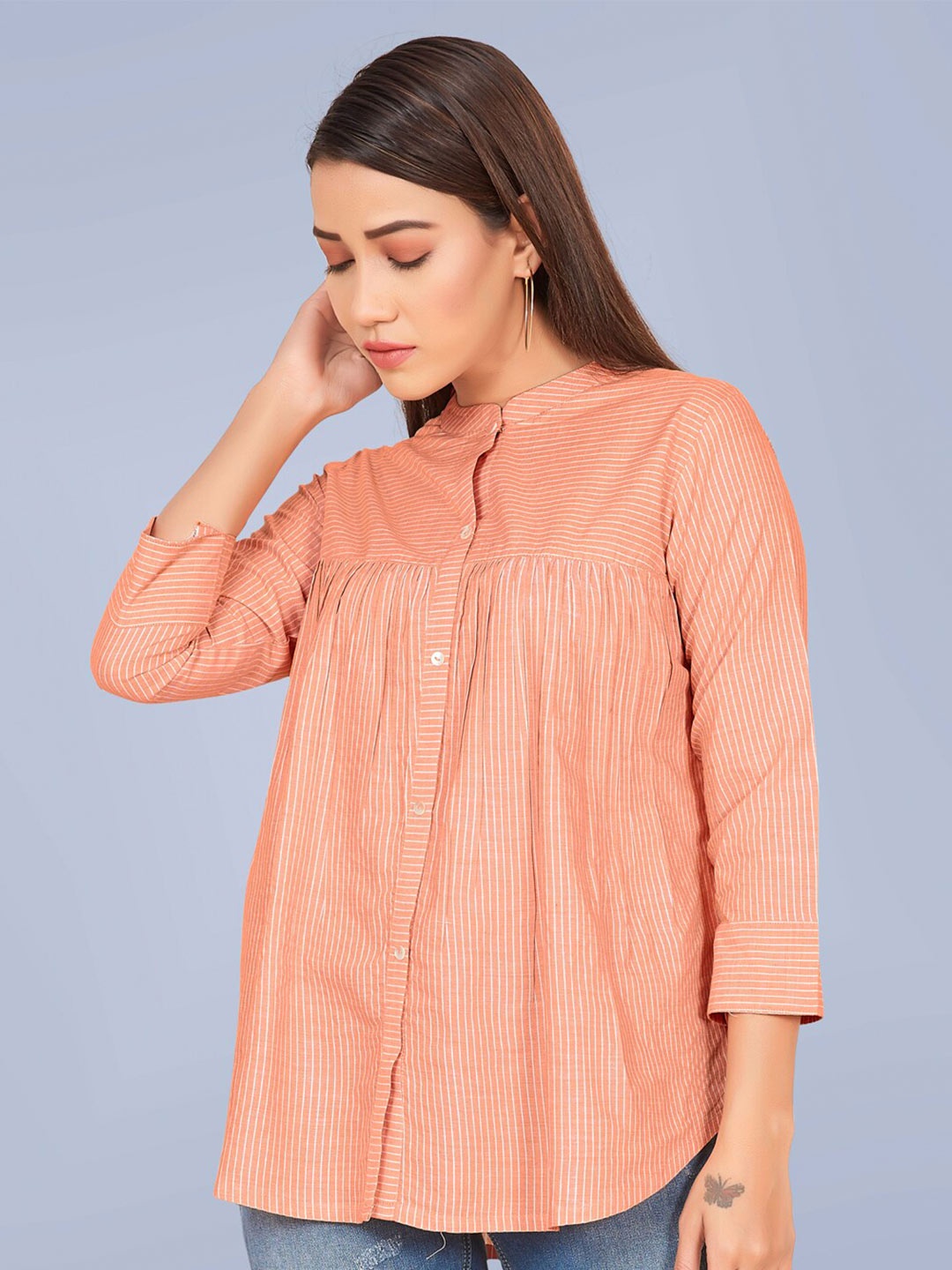 

FASHION DREAM Striped Mandarin Collar Pleated Shirt Style Cotton Top, Orange