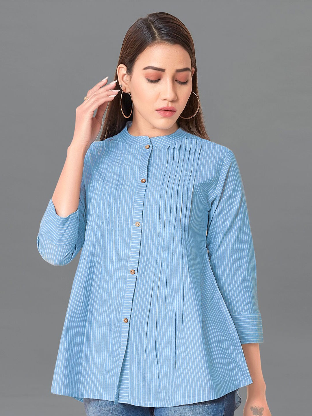 

FASHION DREAM Striped Mandarin Collar Cotton Shirt Style Top, Blue