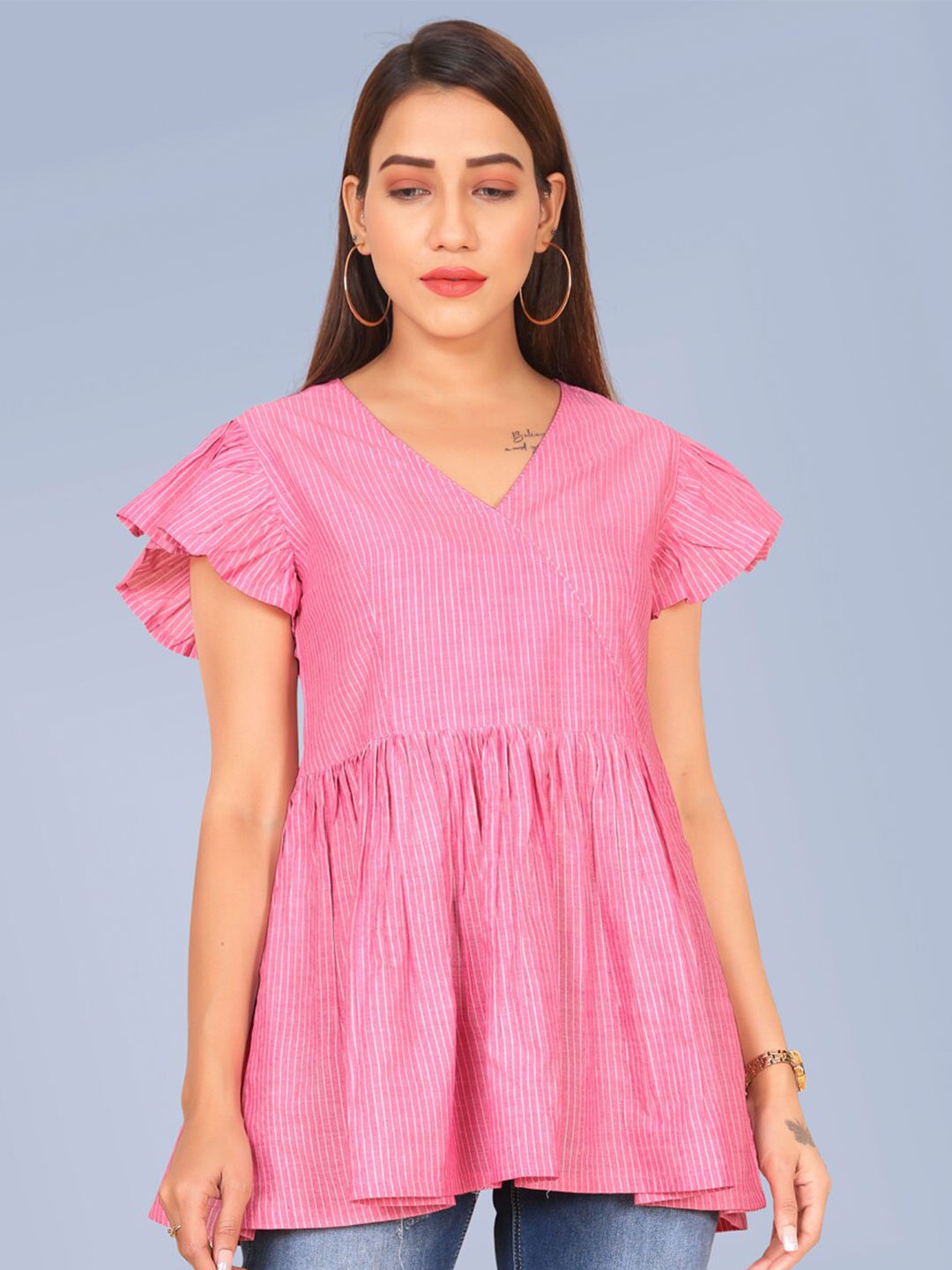 

FASHION DREAM Striped Flutter Sleeve Pleated A-Line Cotton Top, Pink
