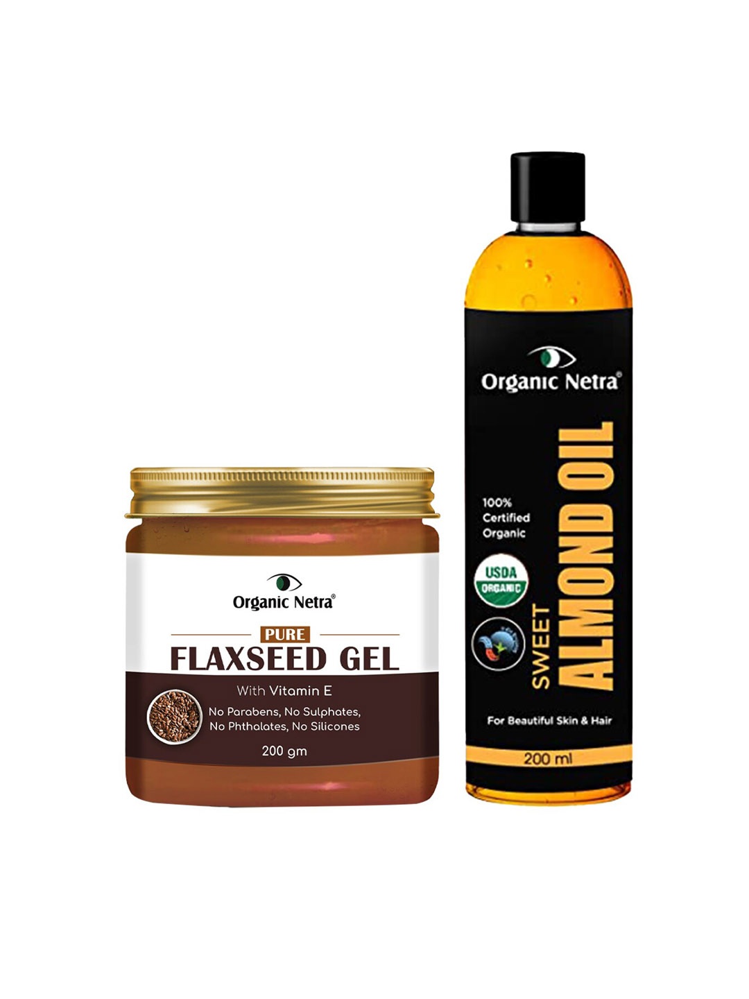 

Organic Netra Pure Flaxseed Gel With Vitamin E 200g & Sweet Almond Oil 200ml Combo, Brown