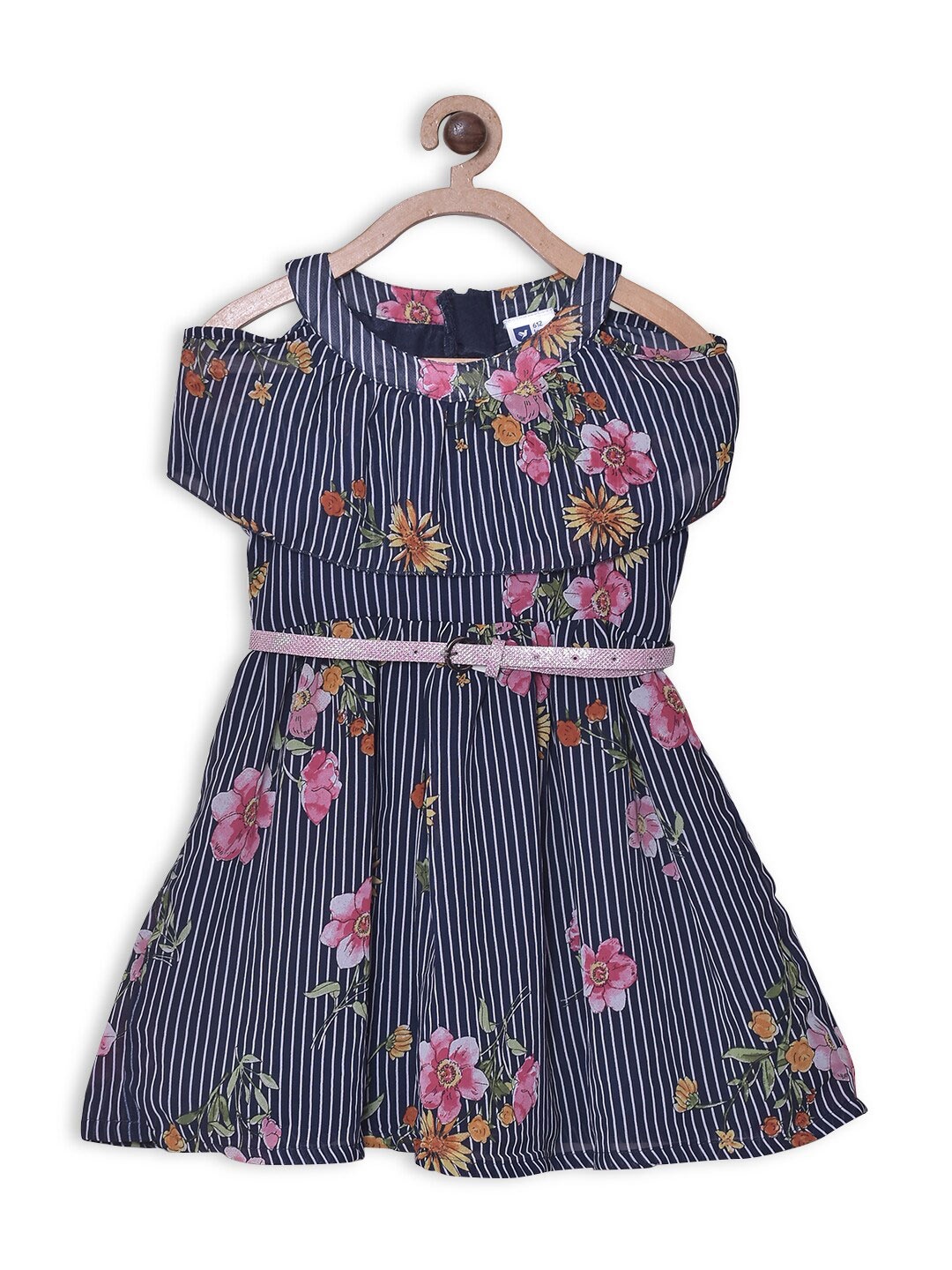 

612League Girls Print Cold-Shoulder Georgette Fit and Flare Dress, Black