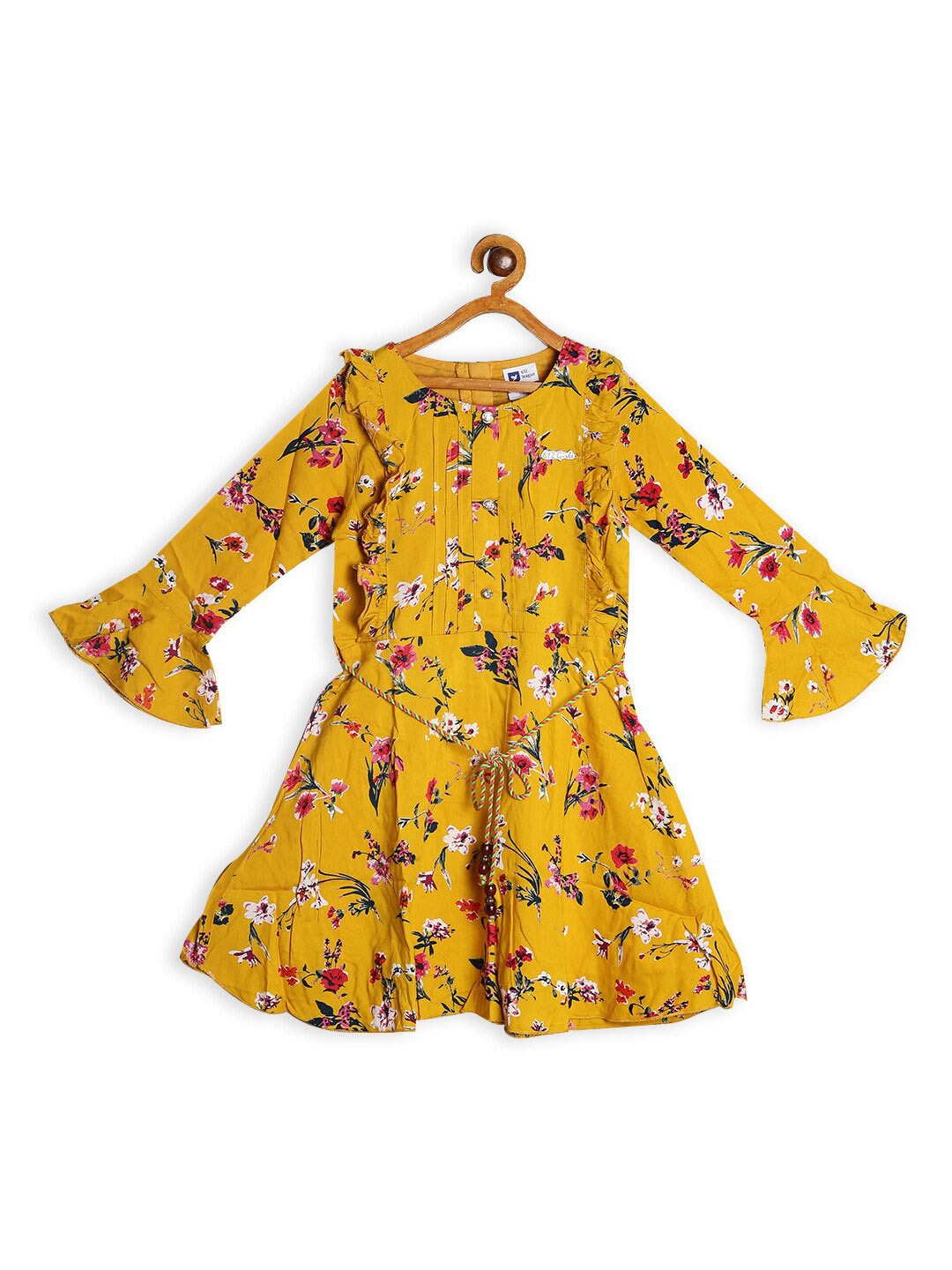 

612League Girls Floral Print Bell Sleeve Fit & Flare Dress, Mustard