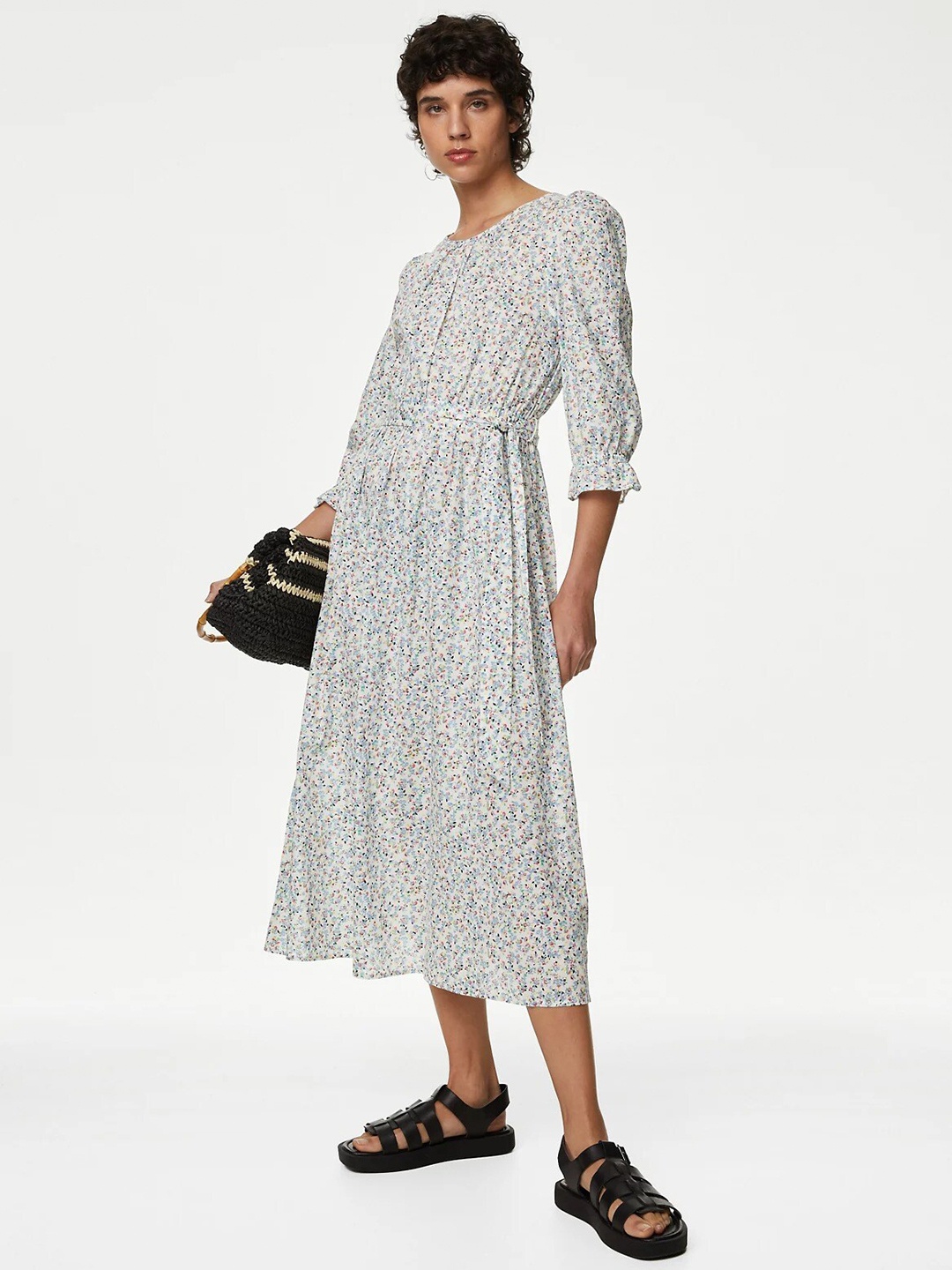 

Marks & Spencer Floral Printed Pure Cotton Fit & Flare Midi Dress, White