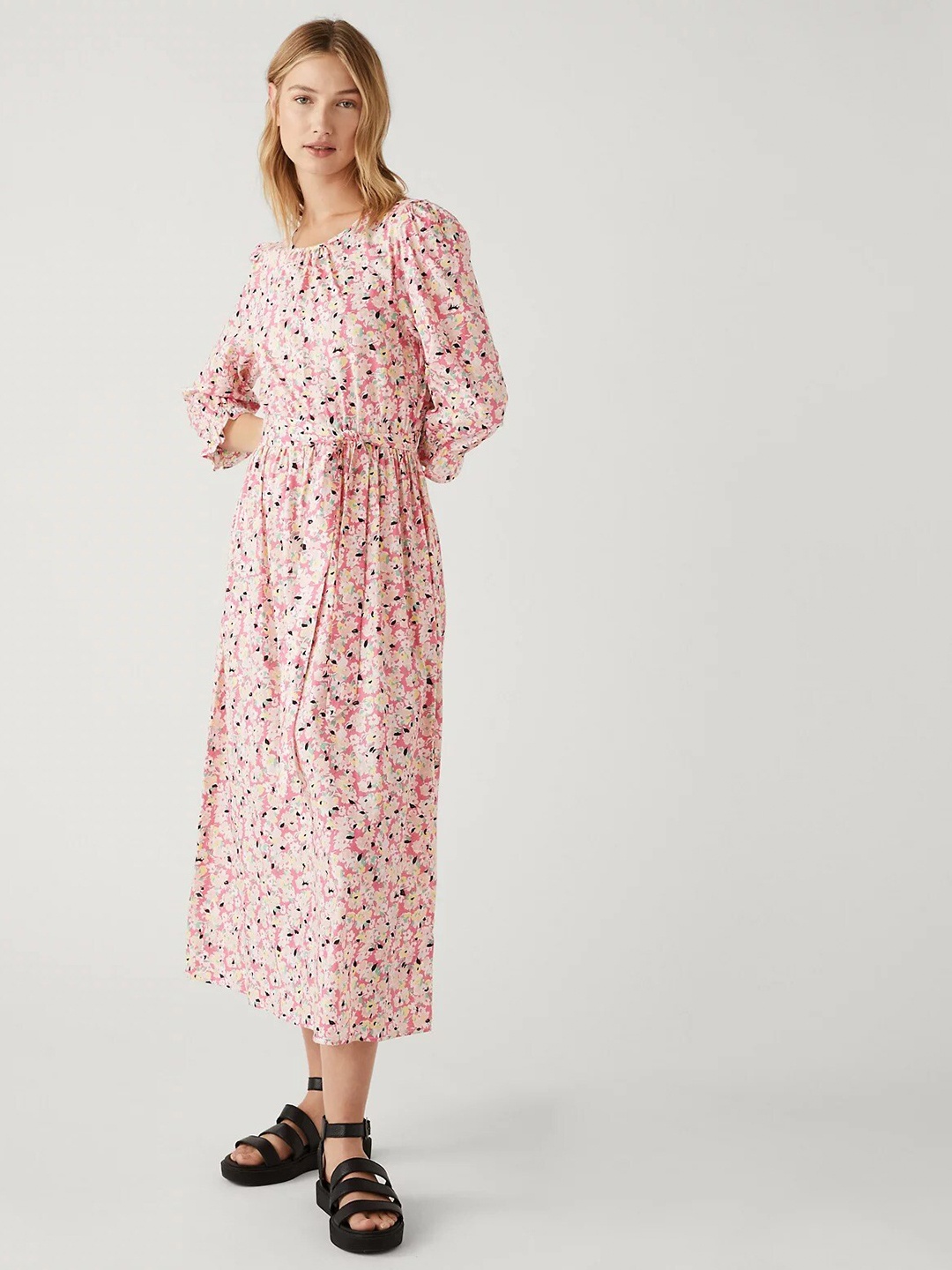 

Marks & Spencer Floral Printed Pure Cotton Fit & Flare Midi Dress With Belt, Pink