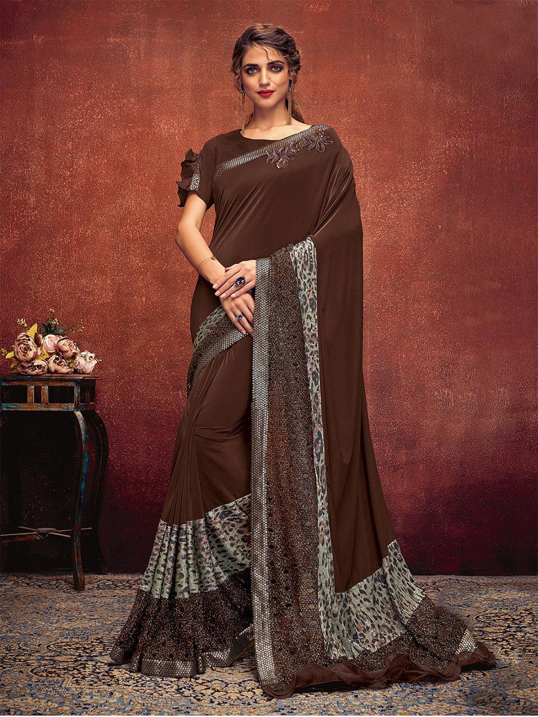 

ODETTE Embellished Sequinned Lycra Saree, Brown