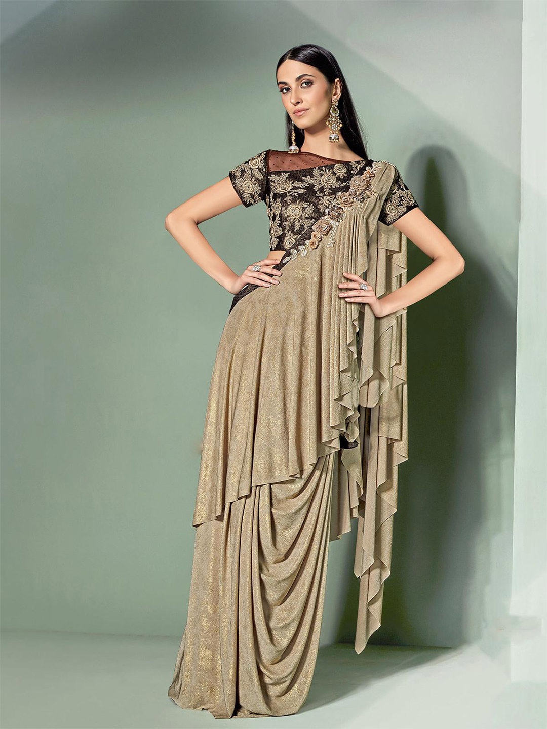 

ODETTE Embroidered Lycra Saree With Blouse Piece, Beige