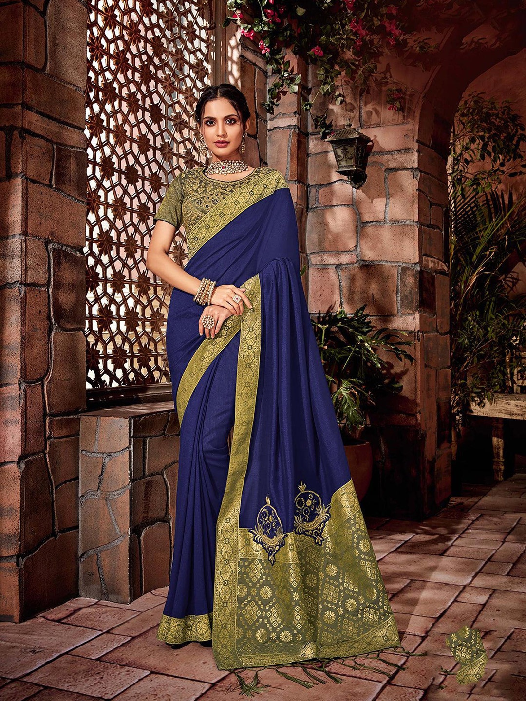 

ODETTE Ethnic Motif Embroidered Silk Blend Designer Saree, Blue