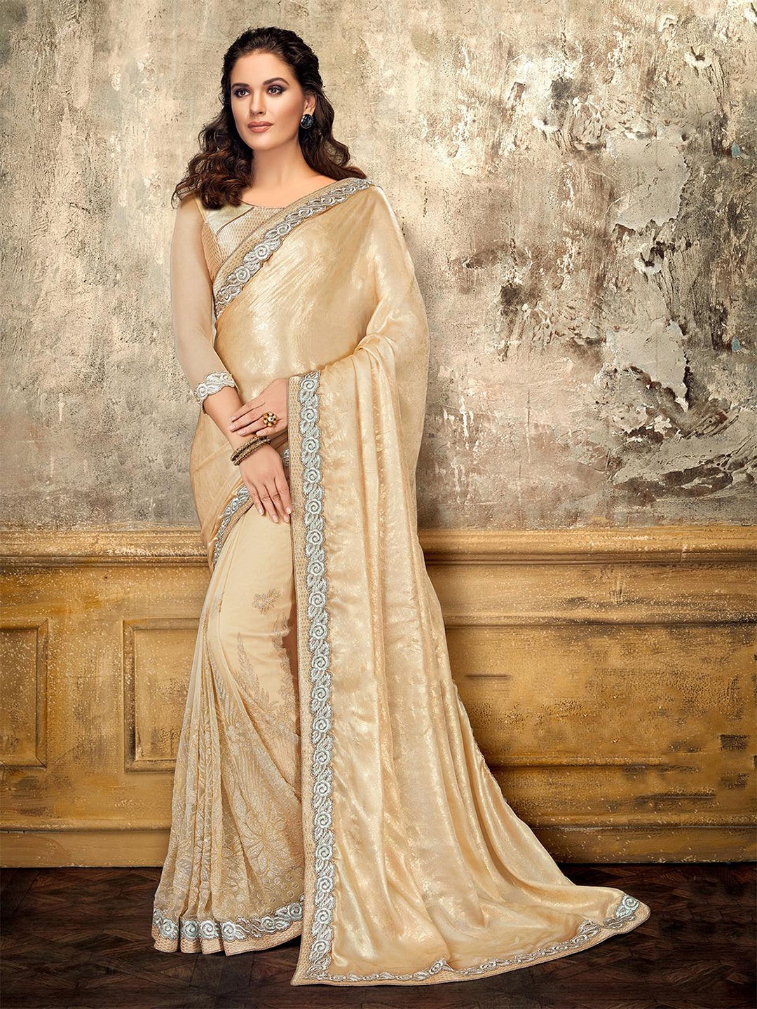 

ODETTE Embroidered Poly Georgette Saree, Cream