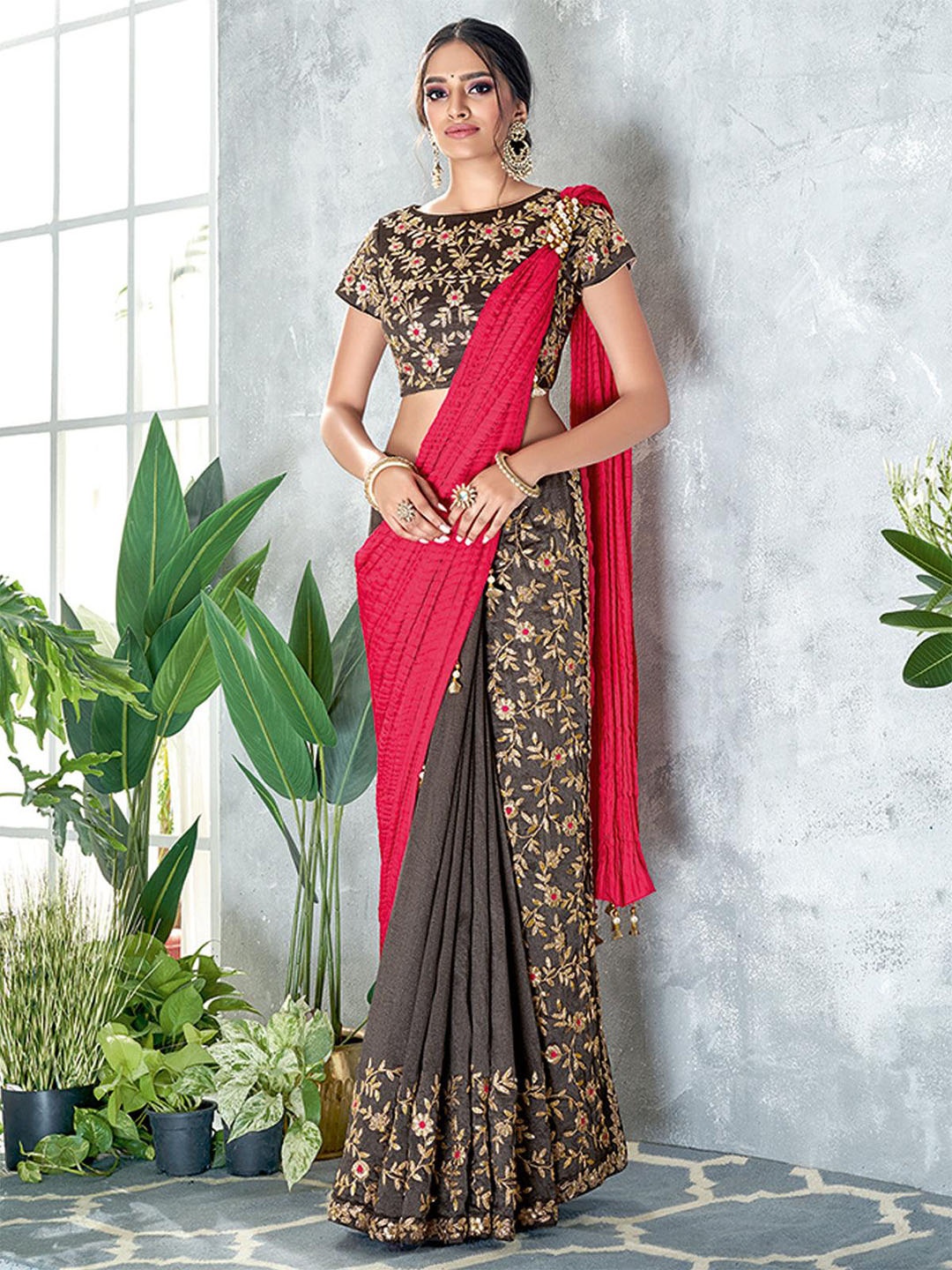 

ODETTE Floral Embroidered Silk Blend Half and Half Saree, Red