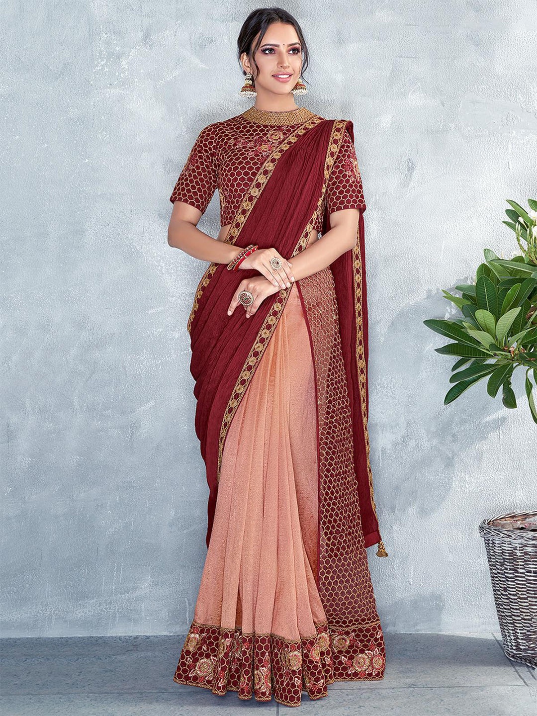 

ODETTE Embroidered Half & Half Silk Blend Saree, Maroon