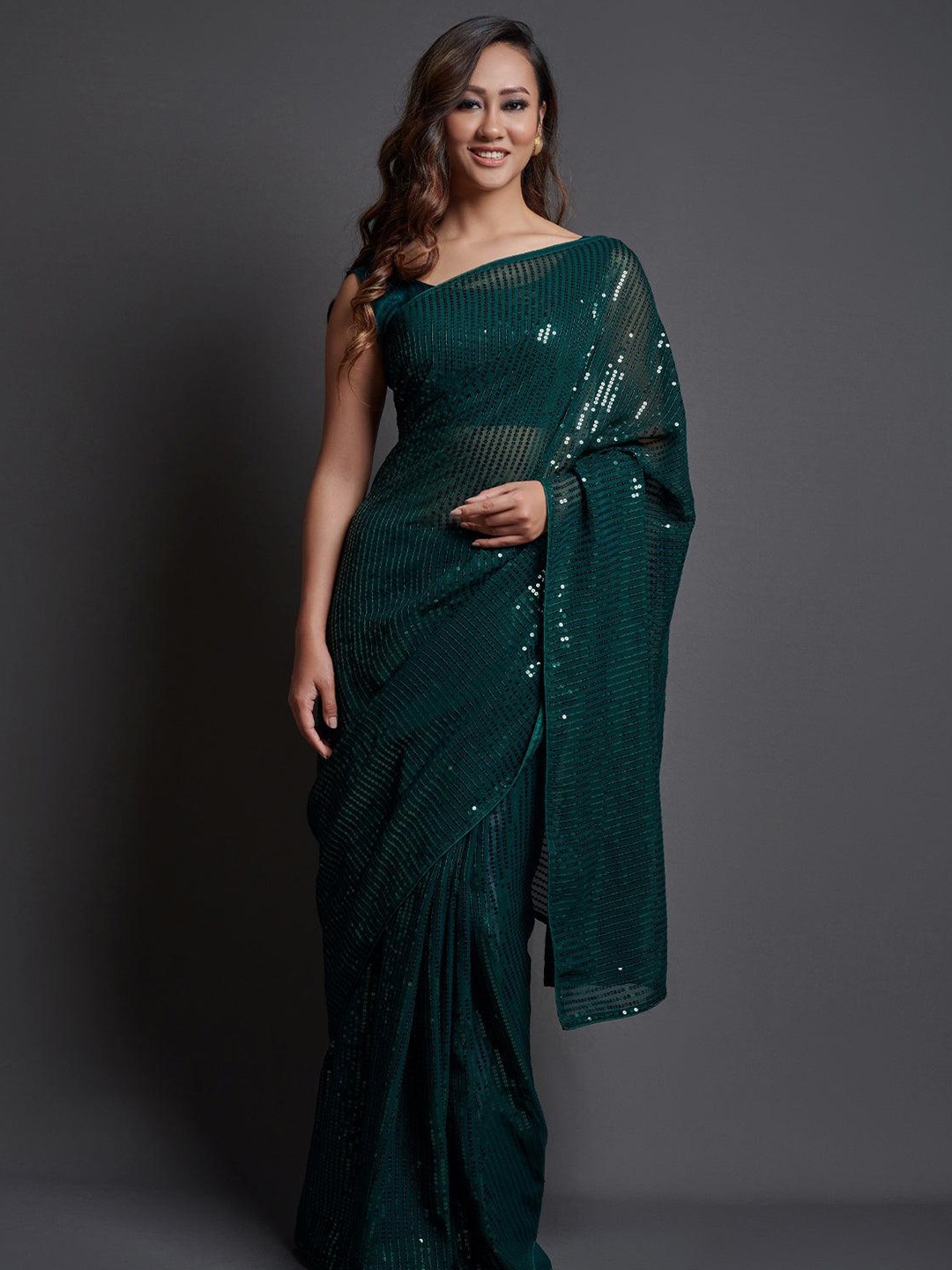 

ODETTE Embellished Sequinned Poly Georgette Saree, Green