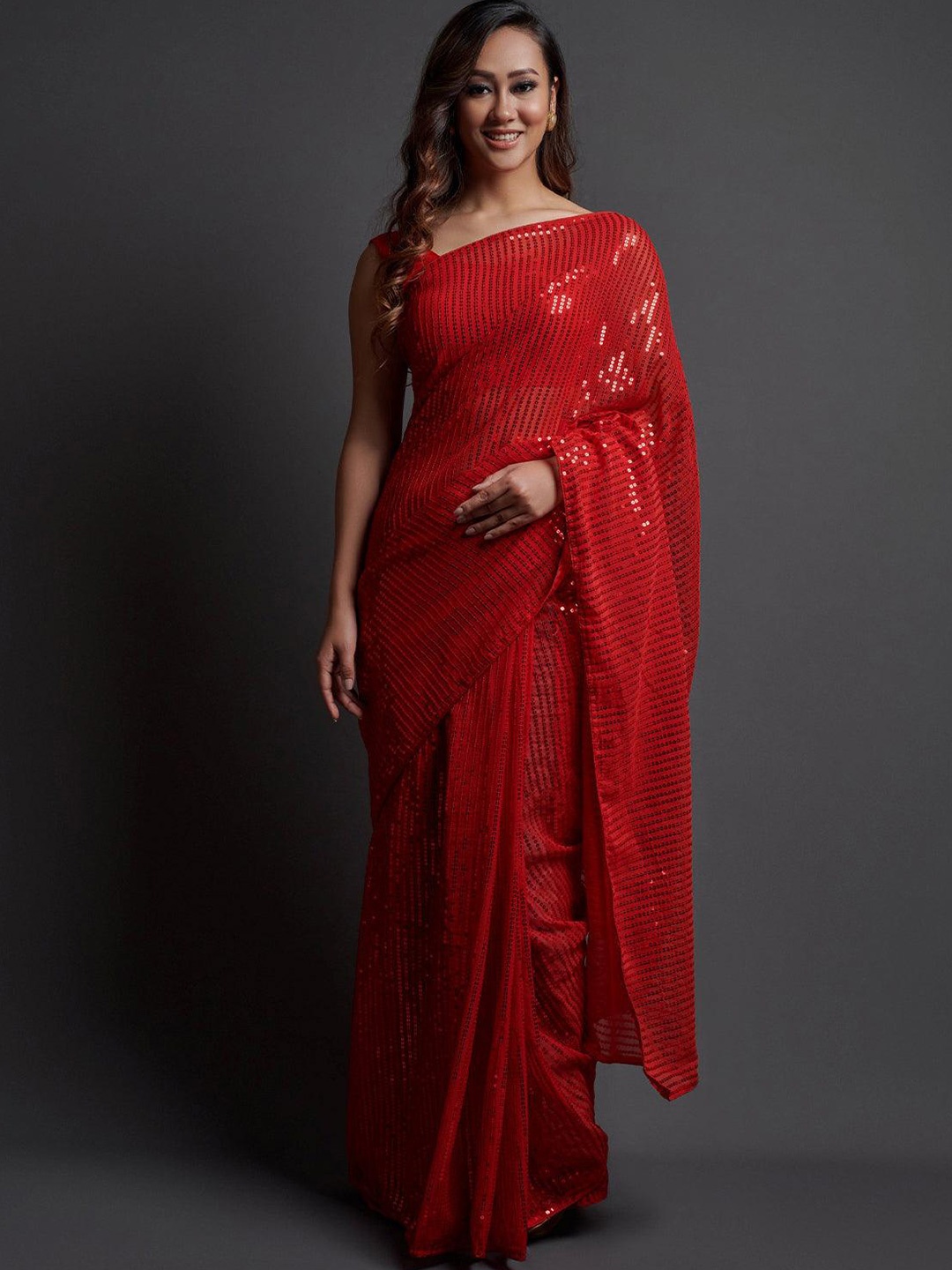 

ODETTE Embellished Sequinned Poly Georgette Saree, Red