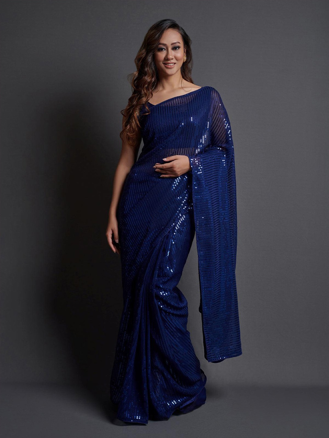 

ODETTE Embellished Sequinned Poly Georgette Saree, Blue