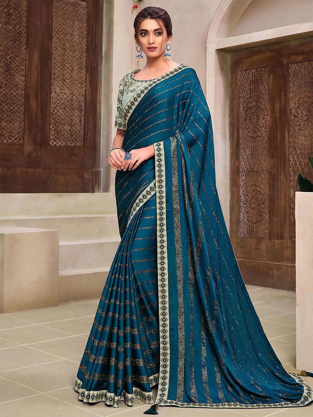 

ODETTE Striped Silk Blend Saree, Teal