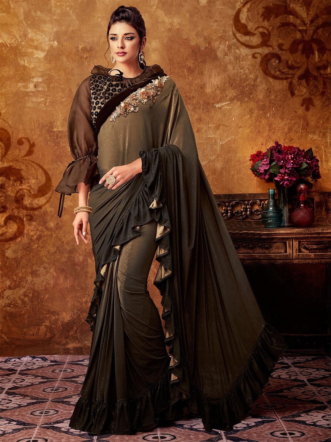 

ODETTE Embroidered Detail Ruffles Saree, Brown