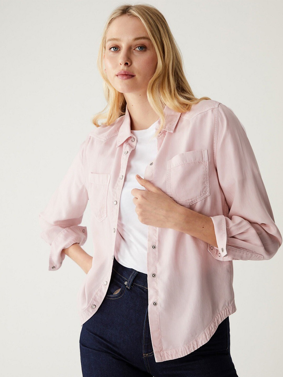 

Marks & Spencer Spread Collar Long Sleeve Solid Shirt, Pink