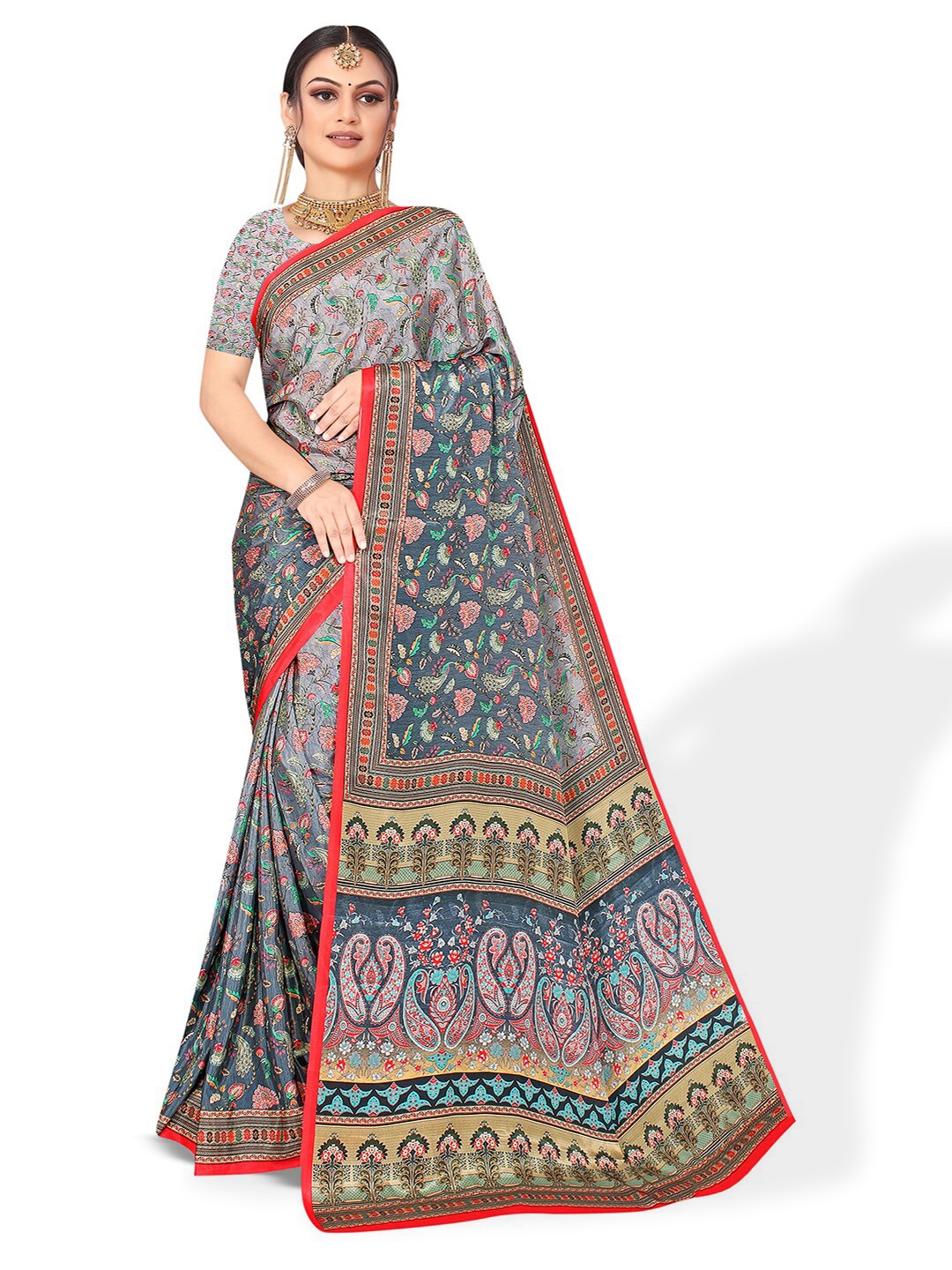 

Pisara Ethnic Motifs Printed Pure Crepe Saree, Grey